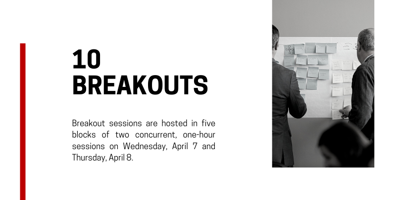 red text on white background that reads: 10 breakouts - Breakout sessions are hosted in five blocks of five concurrent, one-hour sessions on Wednesday, April 8 (three blocks) and Thursday, April 9 (two blocks). Black and white image of men placing posts on wall on right side.