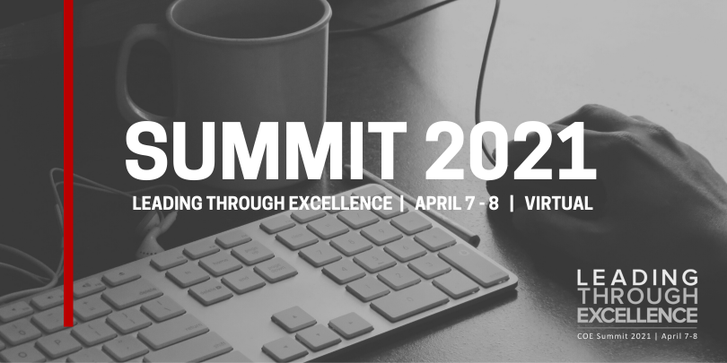 Black an White Image - Keyboard, Mug, and hand on mouse - with text over lay that reads "Summit 2021"
