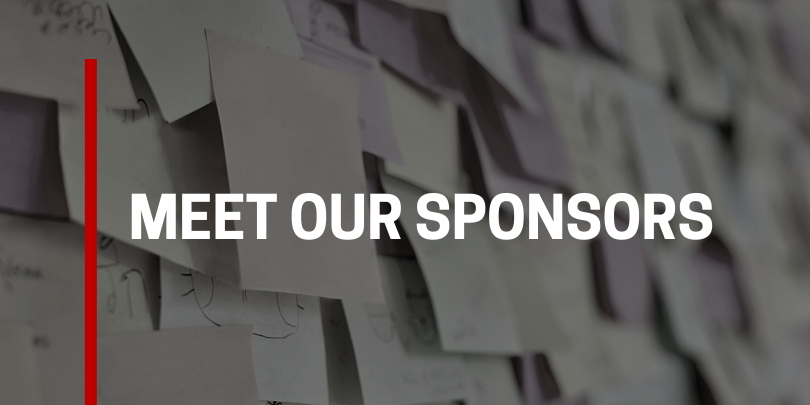 Black and White image of post it notes on a wall with text overlay "Meet our sponsors"