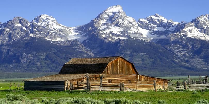barn in front of Grand Teton National Park