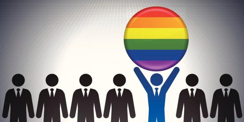 Illustration of man holding up LGBTQ symbol in a line of others