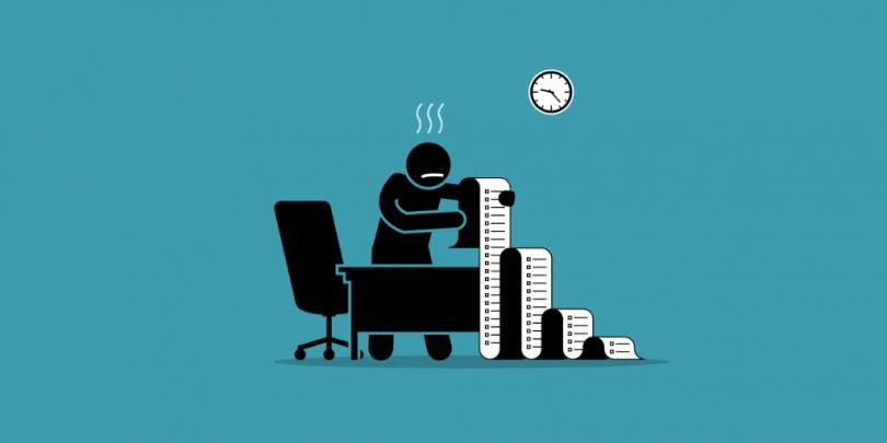 Illustration of someone looking stressed out while looking at a very long list