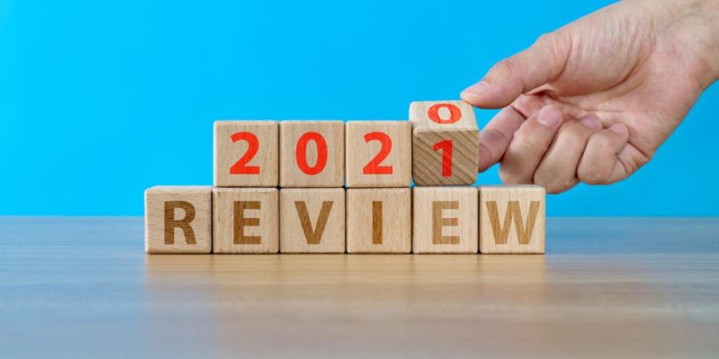 Blocks spelling "2020 review" with "0" block being turned to 1 for "2021"
