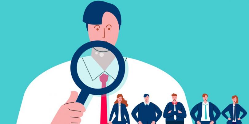 Illustration of man using magnifying glass to look at several small people