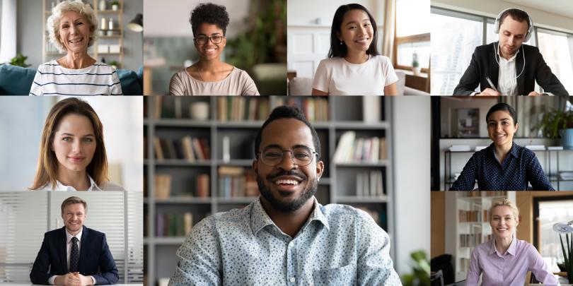 A collage of people smiling that looks like a Zoom call