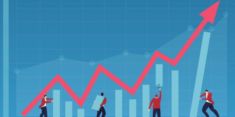 Illustration of a rising stock with human figures underneath
