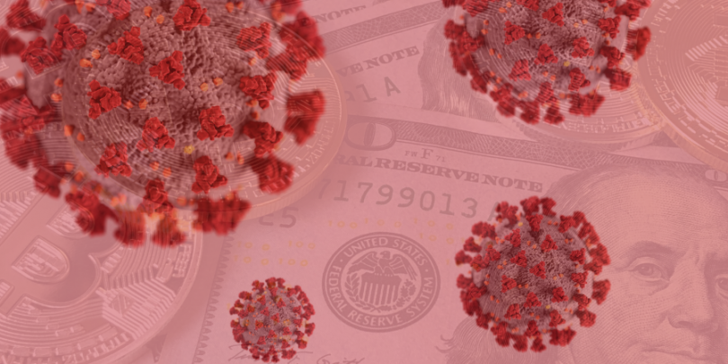 COVID virus overlayed on Money