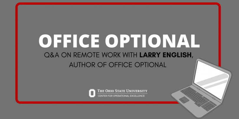 Title (Office Optional: Q&A with Larry English, Author of Office Optional) on gray background with red border, COE logo, and image of a laptop