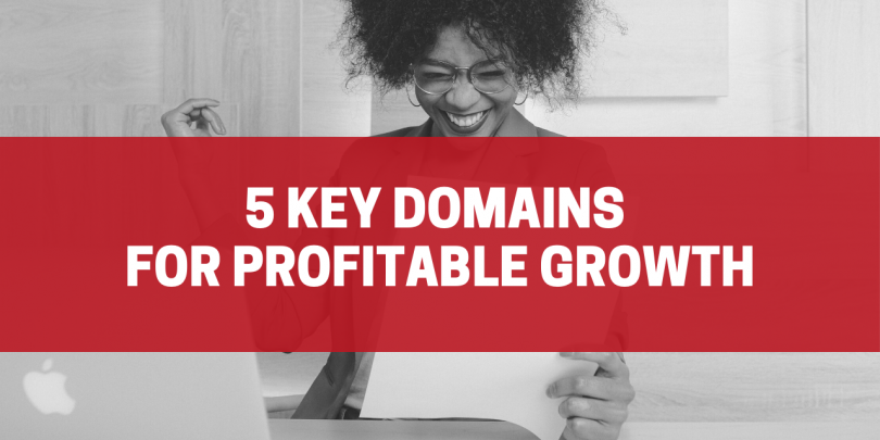 Black and white image of a woman sitting at her computer looking at papers, text overlay in red text box: 5 key domains for profitable growth