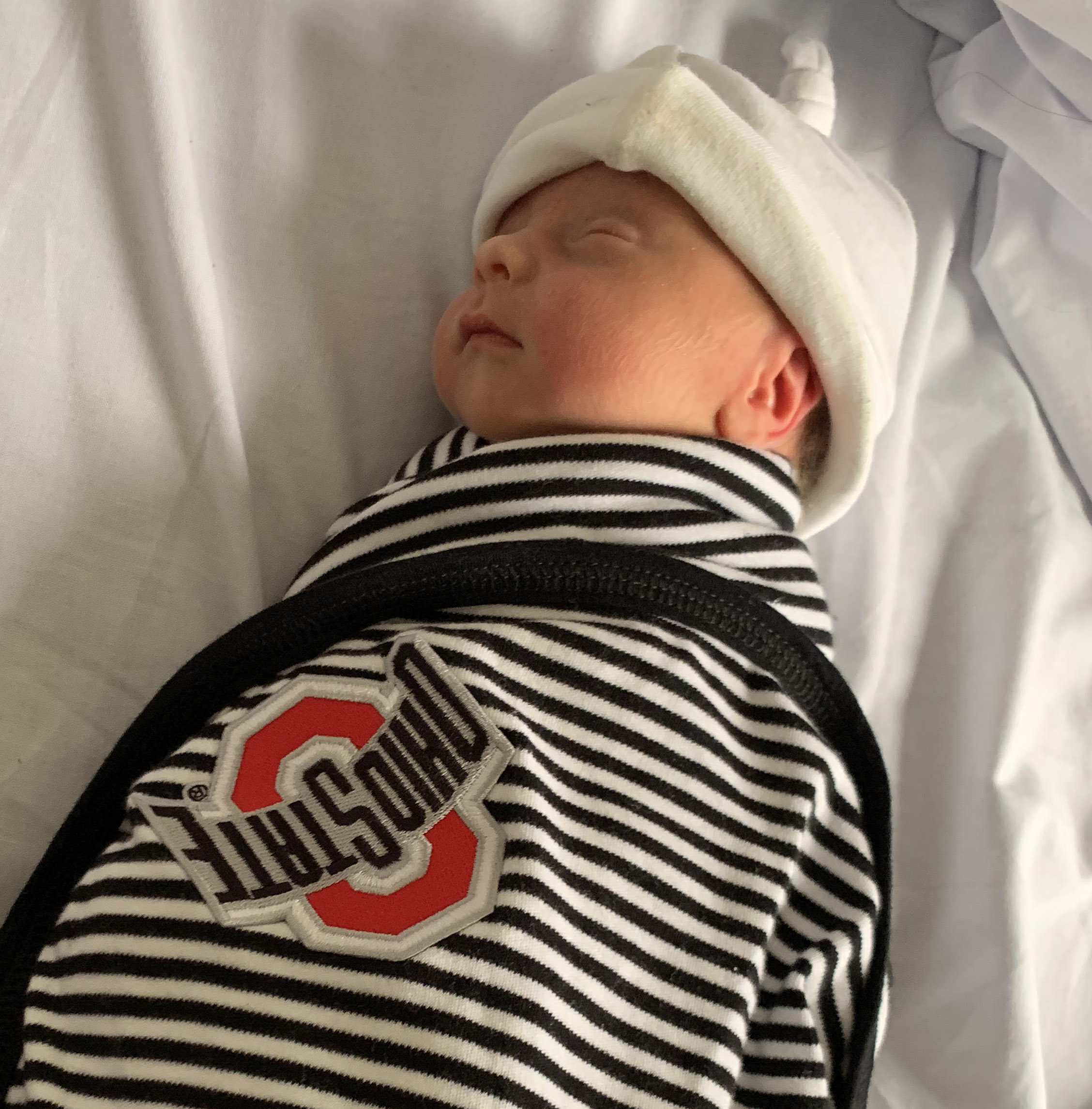 Newborn baby Elias Meyer in an Ohio State blanket